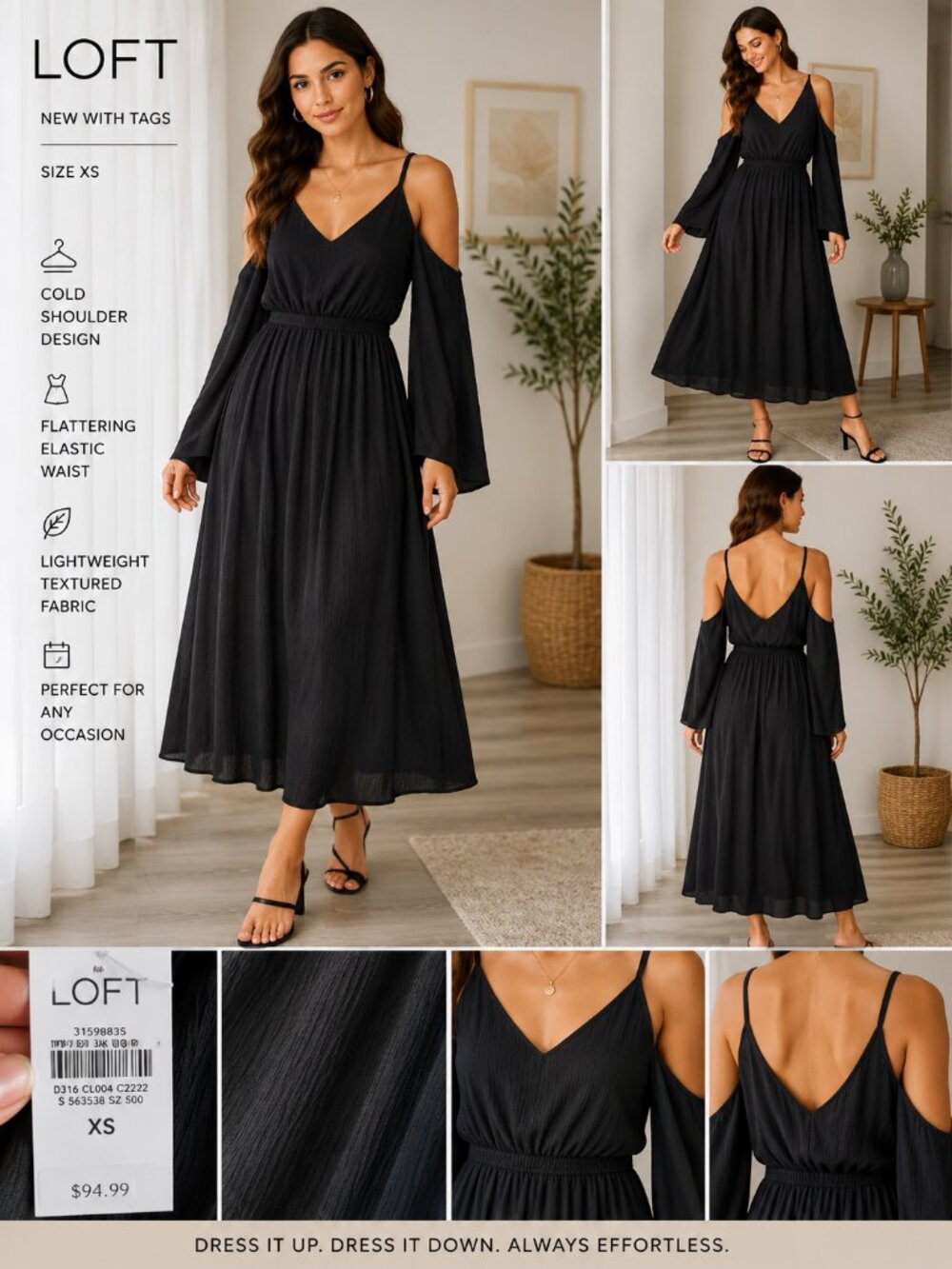 LOFT NWT Black Cold Shoulder Long Sleeve Midi Dress XS